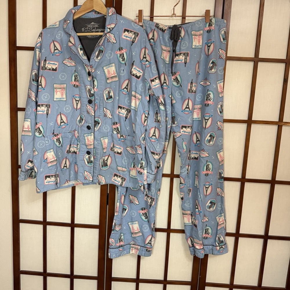 PJ Salvage Flannel Paris Pajamas Travel Winter Blue Large Set Eiffel Tower